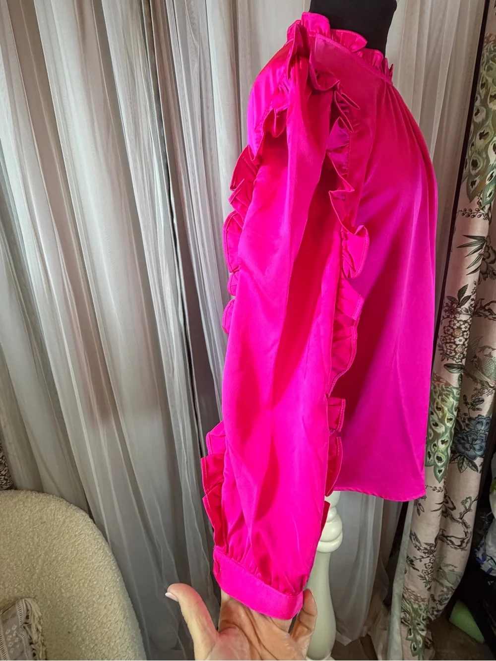 J. Crew Hot Pink Ruffle-Trim High Neck Blouse
